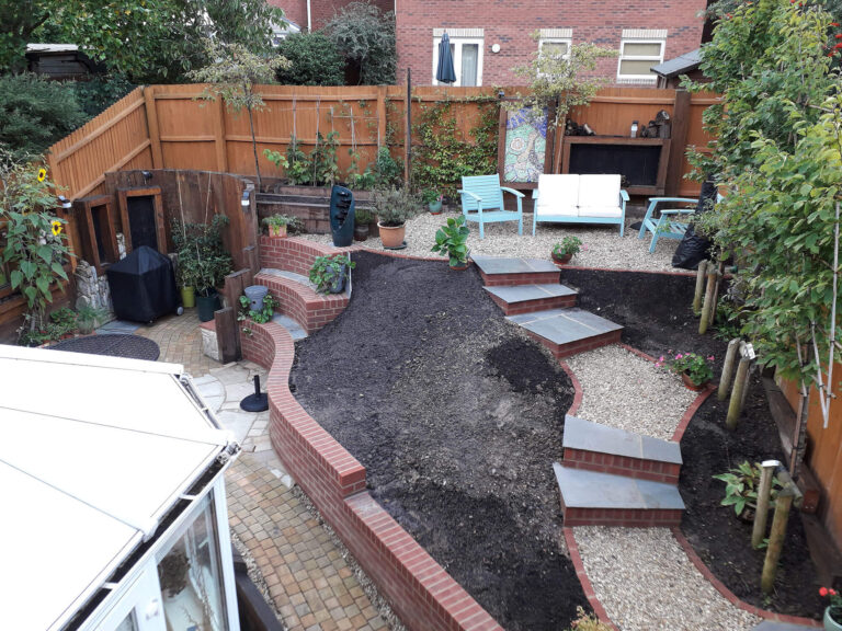 Landscaping; Completed garden with soil, paving, brick wall sand seating area, KL and Sons Building Services, Devizes, Marlborough, Calne, Bath